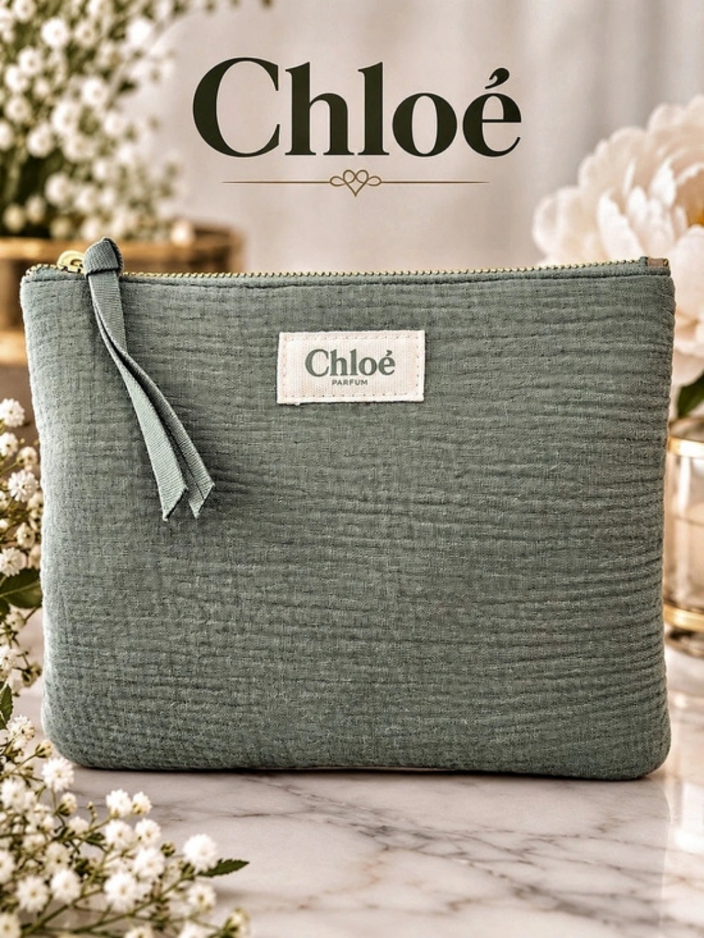 Chloé Parfum Sage Green Textured Cosmetic Pouch Zip Clutch Makeup Bag New